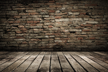 Wooden ground with grunge wall