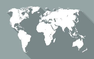 World map with long shadow on grey background