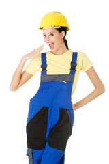 Woman in protective clothes and helmet.