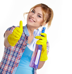 Spring cleaning woman pointing cleaning spray bottle.