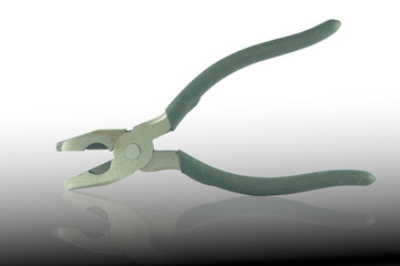 Open black pliers on white and black background