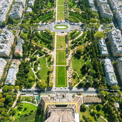 View of Champ de Mars from Eiffel Tower in summer, Paris, France