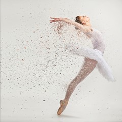 Young ballerina dancer in tutu performing on pointes