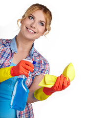 Spring cleaning woman pointing cleaning spray bottle.