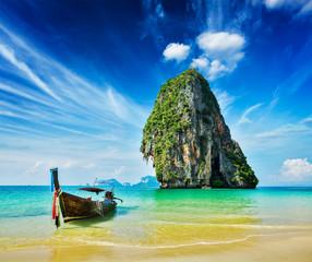 Long tail boat on beach, Thailand - obrazy, fototapety, plakaty