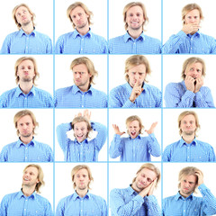 Fototapeta premium Collage of handsome emotional man isolated on white