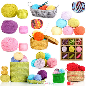 Collage of colorful knitting yarn isolated on white