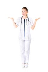 Doctor or nurse showing on copy space.