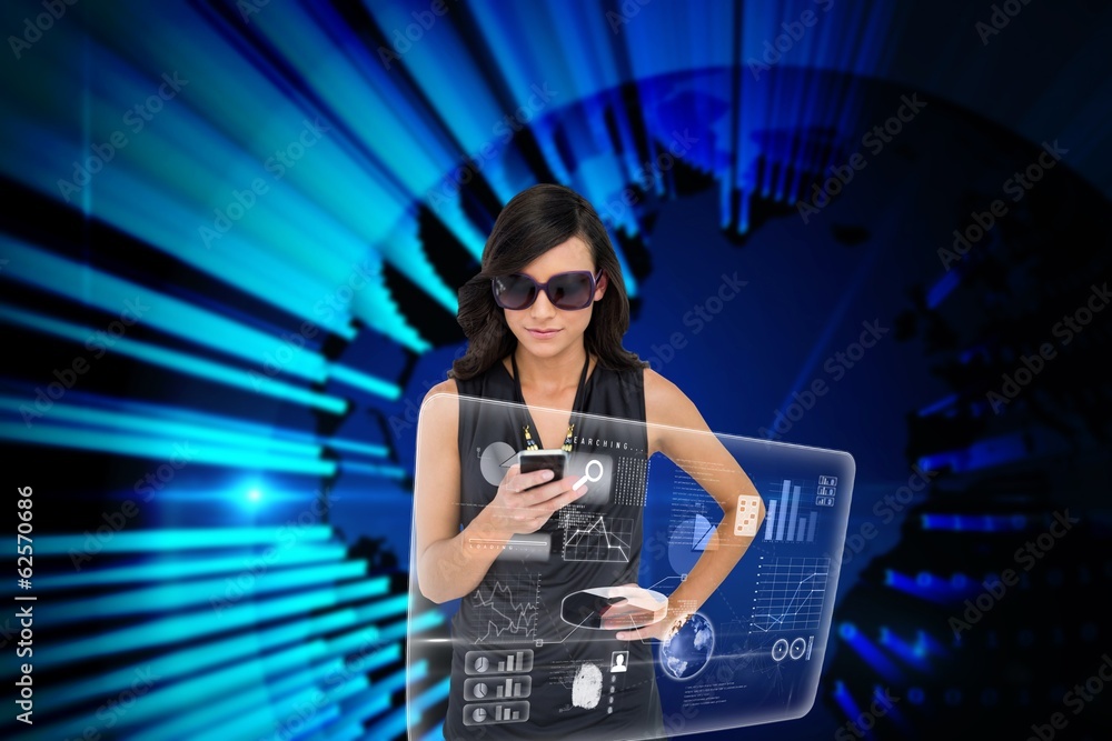 Poster Glamorous brunette using smartphone with interface