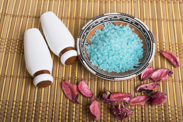 Sea salt, soap and shampoo. Spa concept
