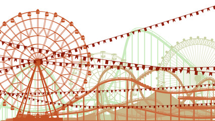 Horizontal illustration of roller-coaster and Ferris Wheel.