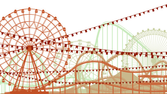 Horizontal illustration of roller-coaster and Ferris Wheel.