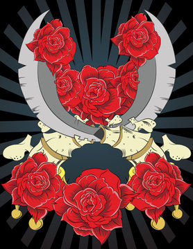 Ilustracion vectorial dagas de huesos con rosas en estilo tattoo