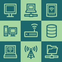 Network web icons, green square buttons set
