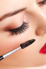 Naklejka premium Woman eye with beautiful makeup and long eyelashes. Mascara 