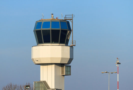 Small air traffic controle tower in the morning.