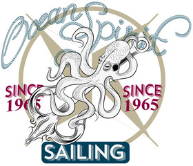 Ilustracion vectorial pulpo con ancla