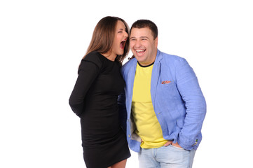 Man and woman with funny faces isolated over white background
