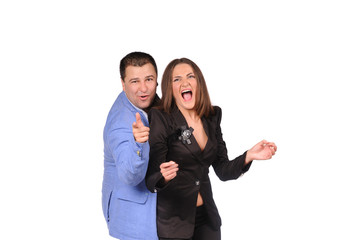 Fototapeta premium Man and woman with funny faces isolated over white background