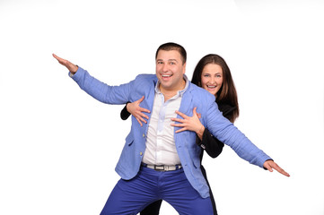 Man and woman with funny faces isolated over white background