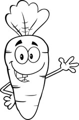 Black And White Smiling Carrot Character Waving For Greeting