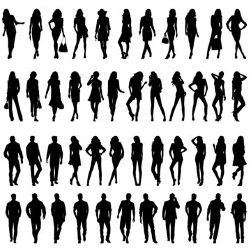 Silhouettes of happy young women  and men.