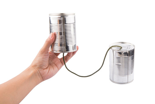 Female Hand Holding A Tin Can Telephone