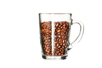 coffee beans in a transparent cup on white background