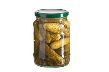 Glass jar with pickled cucumbers isolated on white background
