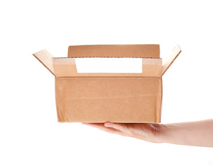Postal parcel in hand on a white background