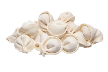 bunch of fresh frozen dumplings ready for cooking, isolated on w