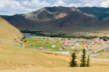 Mongolian countryside landscape with colorful houses