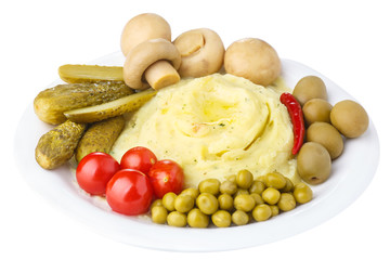 Puree with pickled vegetables isolated on white