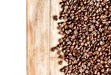 Roasted Coffee Beans background texture on wooden board frame is