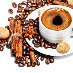 Coffee cup and beans isolated on white background closeup with c