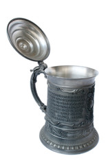 Antique German pewter beer stein with engraving