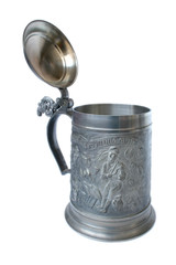 Antique German pewter beer stein with engraving