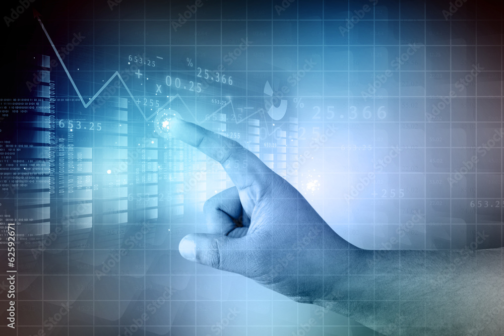 Poster man touching interface of a business progress chart