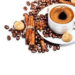 Coffee cup and beans isolated on white background closeup with c