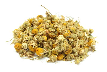 Heap of dried camomile on white background