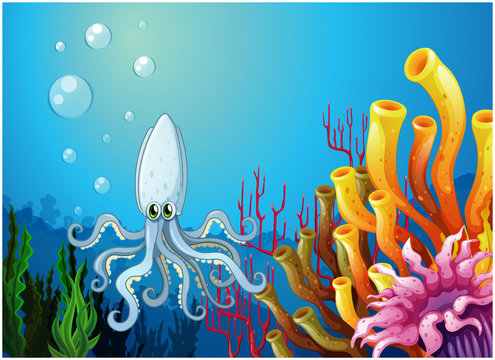 A deep sea with an octopus