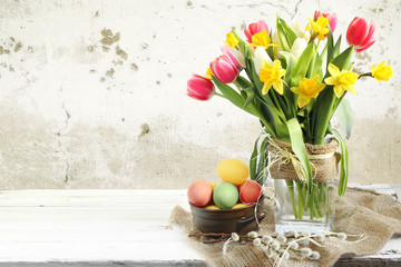 Vase of Tulips and easter eggs