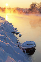 Winter sunset with boat. Зимний закат с лодкой