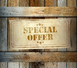Stamp Special Offer label old wooden box