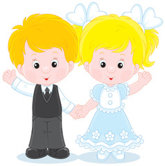 Little boy and girl waving in greeting