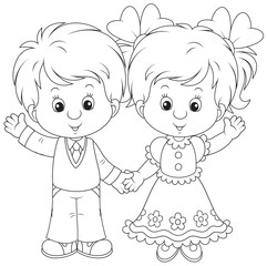 Little boy and girl waving their hands in greeting