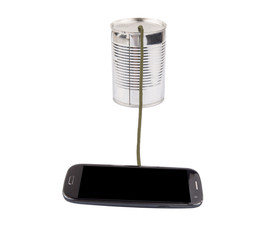 Concept image of a smart phone connected to a tin can phone