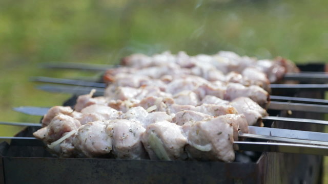 cooking pork shashlik, healthy outdoor picnic
