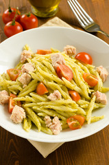 Trofie al pesto,tonno e pomodo, Italian cuisine