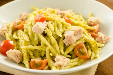 Trofie al pesto,tonno e pomodo, Italian cuisine